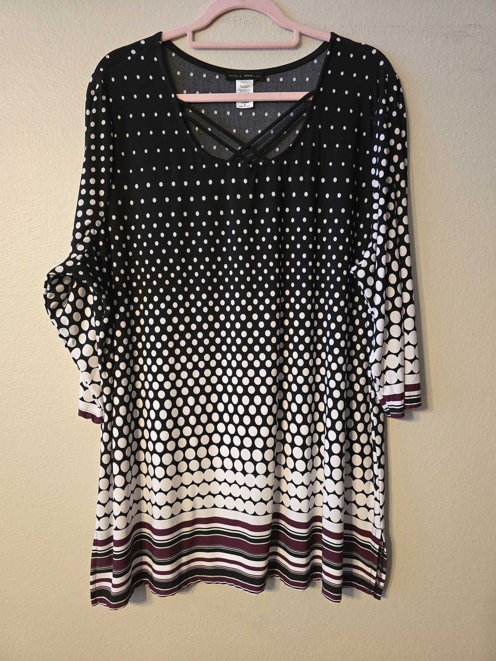 Jennie & Marlis Women’s Black & White Polka Dot V-Neck Top with Burgundy Stripe